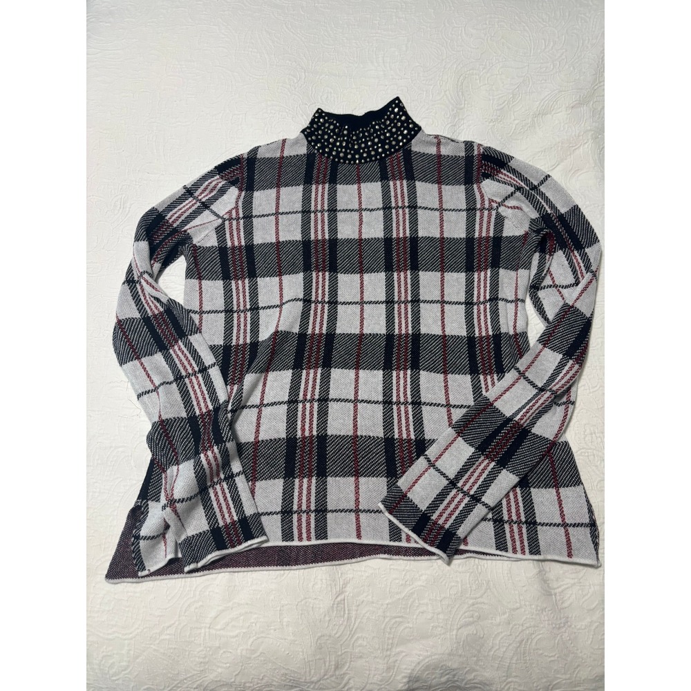 Belldini Women Plaid Studded Mock Neck Sweater Lurex Metallic Knit Top Large